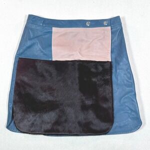 Topshop Leather Pony Hair Colorblock Wrap Mini Skirt Blue Black US 4 MRSP $190
